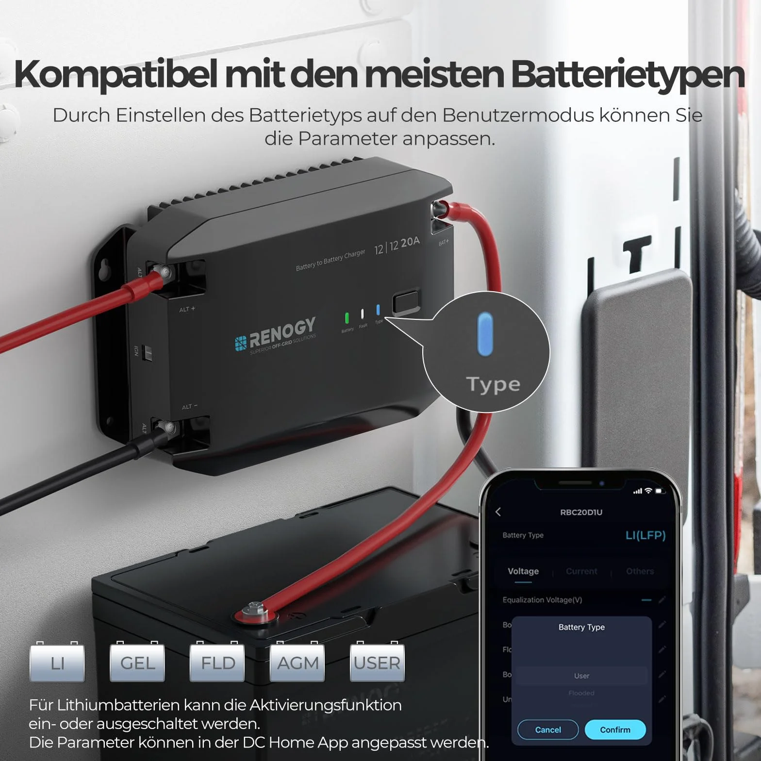 Renogy DC zu DC Batterie Ladegerät 12V 20A, Intelligent DCDC Batterieladegerät Laderegler Solar mit BT-2 Bluetooth Module