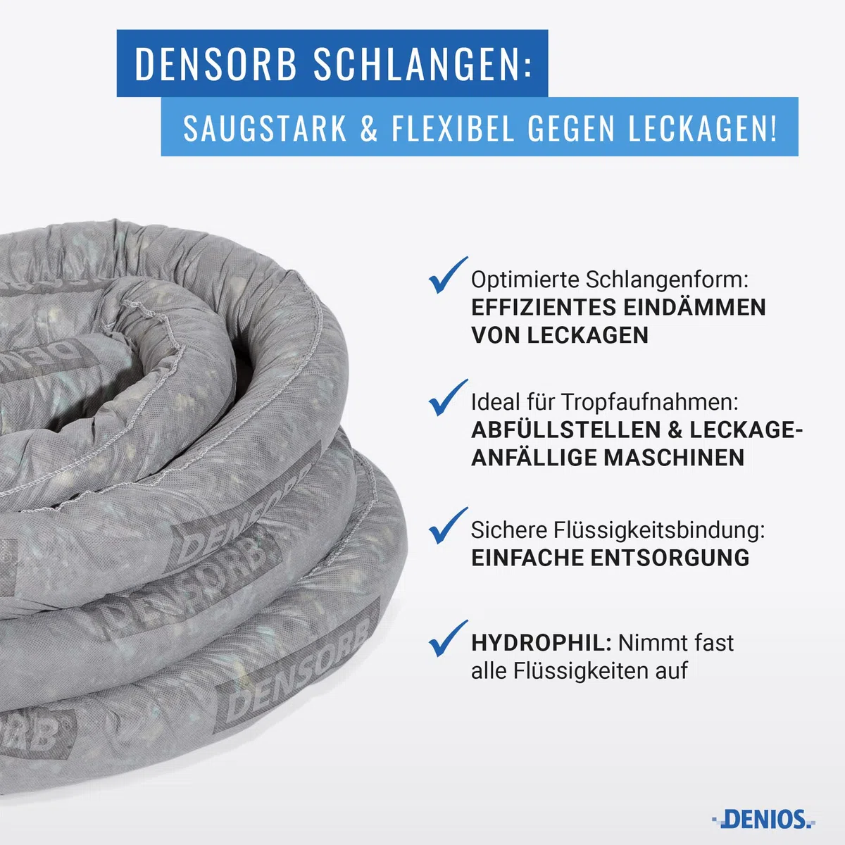 DENSORB Universalbindemittel Aufsaug-Schlangen zum Eindämmen von Leckagen, Länge 1,8 m, 12 Stück