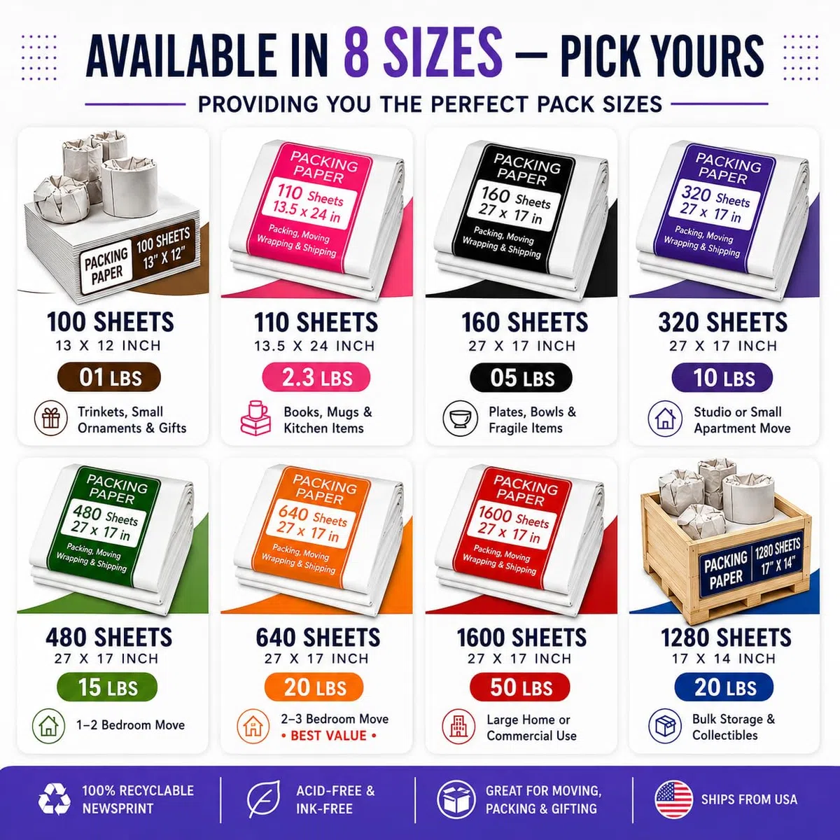 Weiße Großpackpapierbögen für Umzüge, 640 Blatt, 68,6 x 43,2 cm, 9 kg, Doppelpack, Zeitungsblätter – ein Muss in Ihrem Umzugsbedarf, Verpackungsmaterial, Umzugspapier
