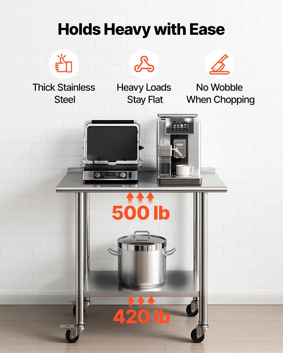 VEVOR Edelstahltisch Gastro 915 x 610 x 894 mm, Verstellbarer Edelstahltisch mit Rollen, Aufkantung (30 mm), Arbeitstisch mit Grundboden für Restaurant Obere Ablage (227 kg) Untere Ablage (191 kg)