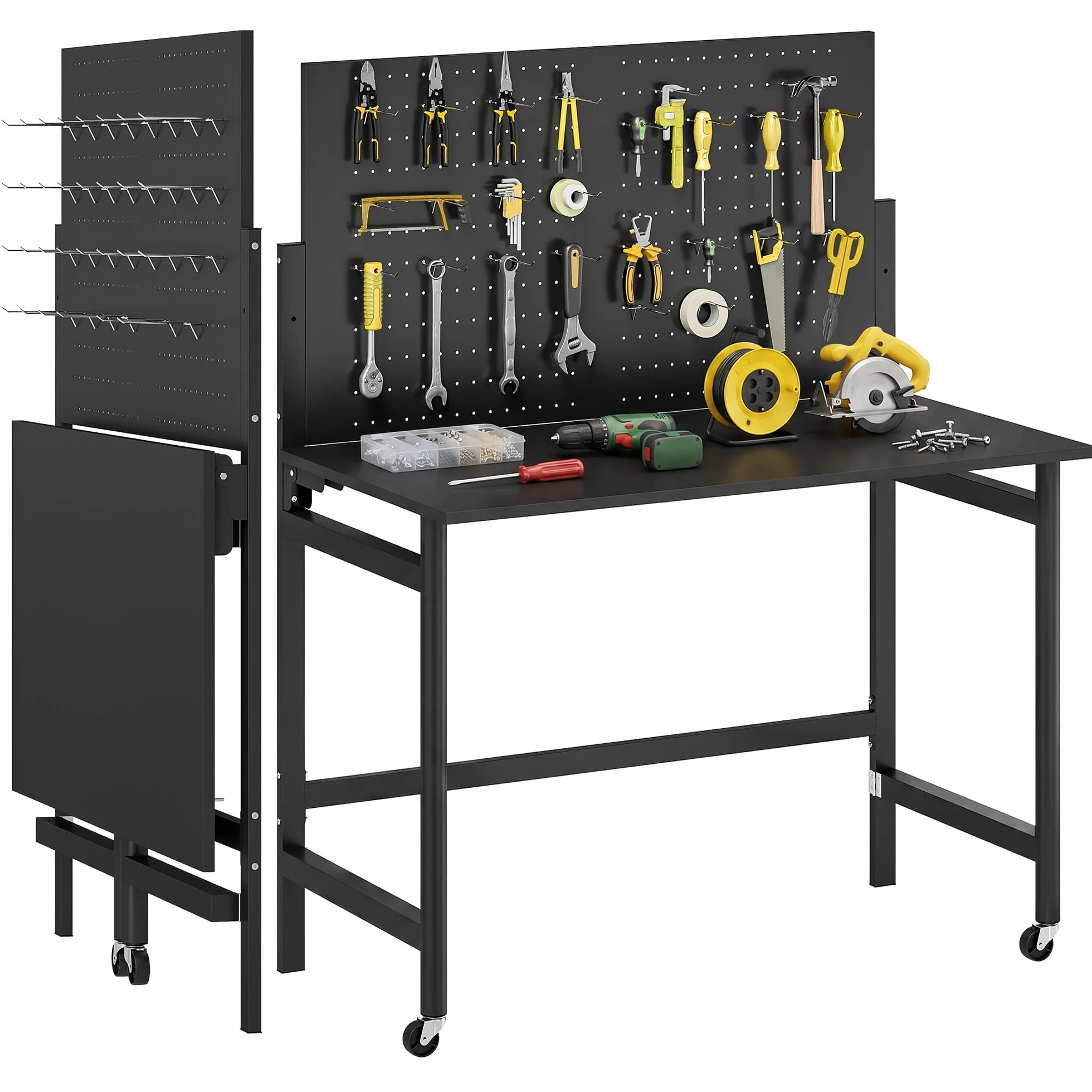 HOMCOM Werkbank mit Lochwand, 115 x 62 x 143,5 cm Klappbare Mobile Werkbank mit Rollen, Dicke Arbeitsplatte, Stahlrahmen, Haken, Werktisch für Garage, Holzwerkstatt, Schwarz
