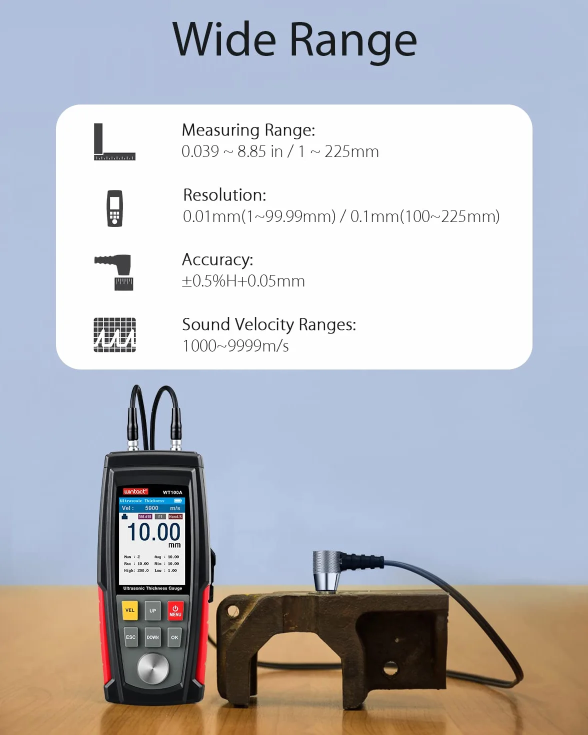 Wintact Digitales Ultraschall-Dickenmessgerät, Messbereich 1,00 bis 300 mm mit Sonde zur Messung von metallischen und nichtmetallischen Werkstoffen, Zylinderwänden, Kunststoff, Glas, PVC