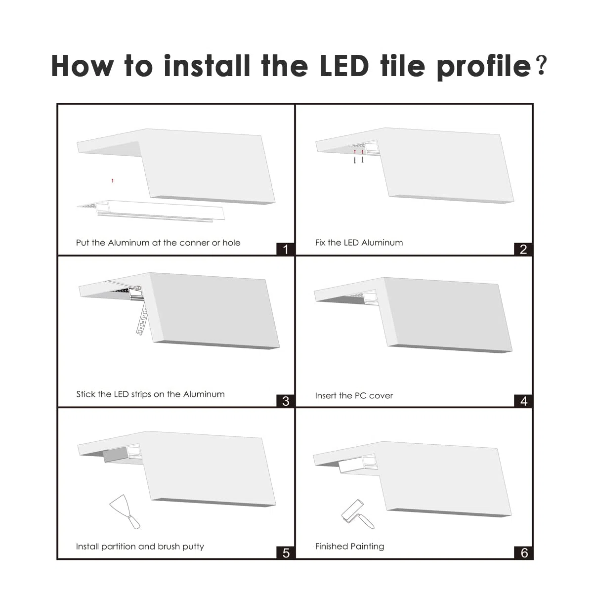 Besseto LED Fliesen Profil 6 Pack 3.3FT/1 Meter Gips Trim Rand Streifen Aluminium Profil, Trimless vertiefte Aluminium LED Fliesen Profil mit milchigen Diffusor und Endkappen