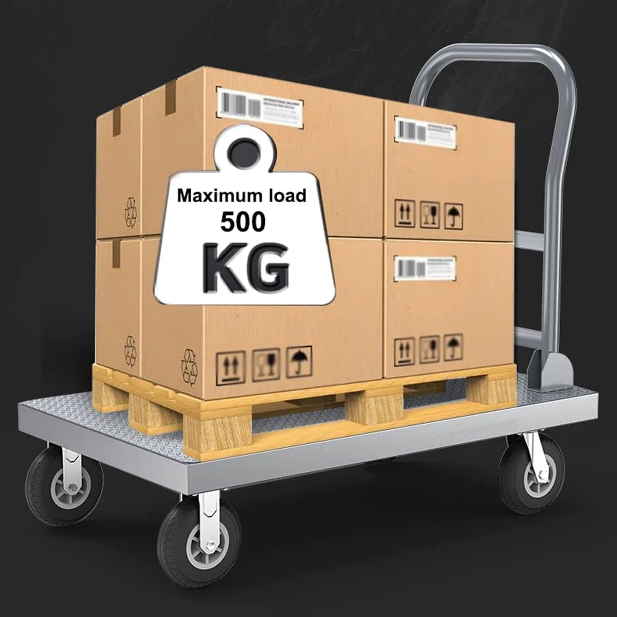 Handwagen mit klappbarer Stahlplattform, Schubkarre, faltbar, robust, rutschfest, maximale Tragkraft 600 kg, mit 4 Rädern