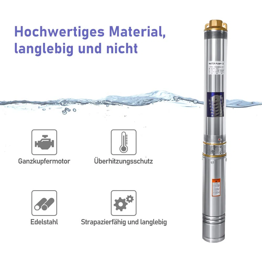 Tiefbrunnenpumpe Tauchpumpe Brunnenpumpe 1.1kW/1.5hp bis 4.000 l/h Fördermenge Edelstahl Brunnenpumpe Sandverträglich Tauchdruckpumpe 8.1 bar max
