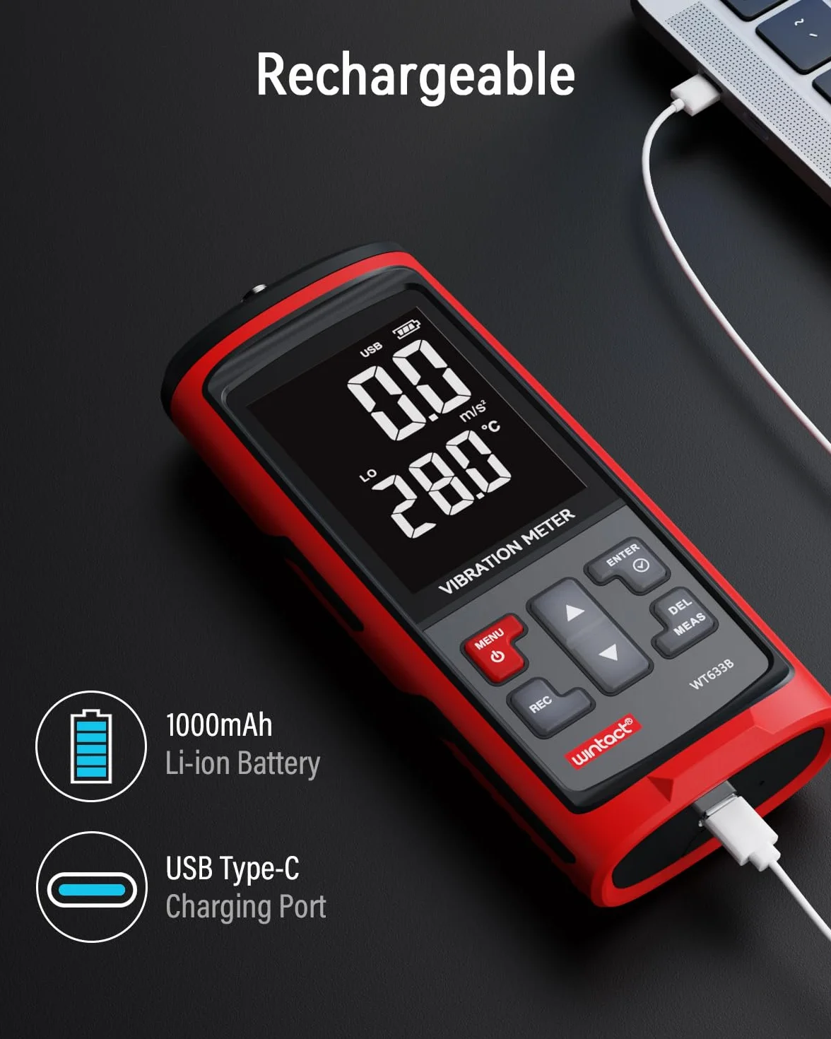 Wintact Vibrationsmessgerät, Messanalyse mechanischer Anlagen: Schwingungsbeschleunigung, Geschwindigkeit, Verschiebung, Temperatur für Motoren, Generatoren (WT633B)