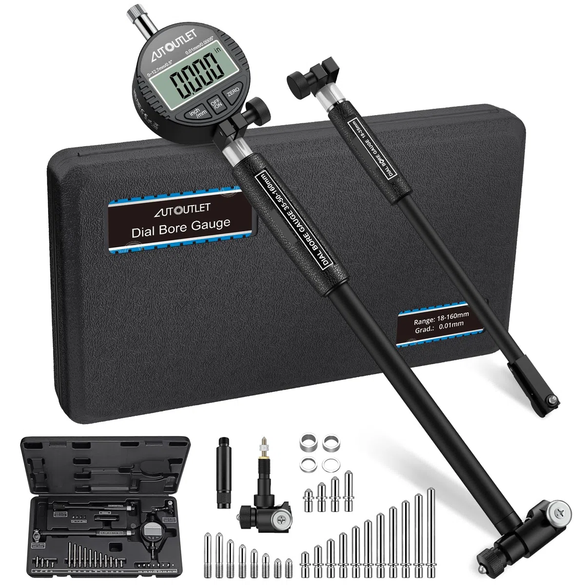 AUTOUTLET Digitales Bohrungsmessgerät Set 18–160mm, mit 23 Sonden & ABS-Box | 0,01mm Genauigkeit, MM/Zoll Anzeige, Robustes Aluminiumlegierung Innenmessgerät bis 150mm Tiefe, Zur Formabweichungsprüfung
