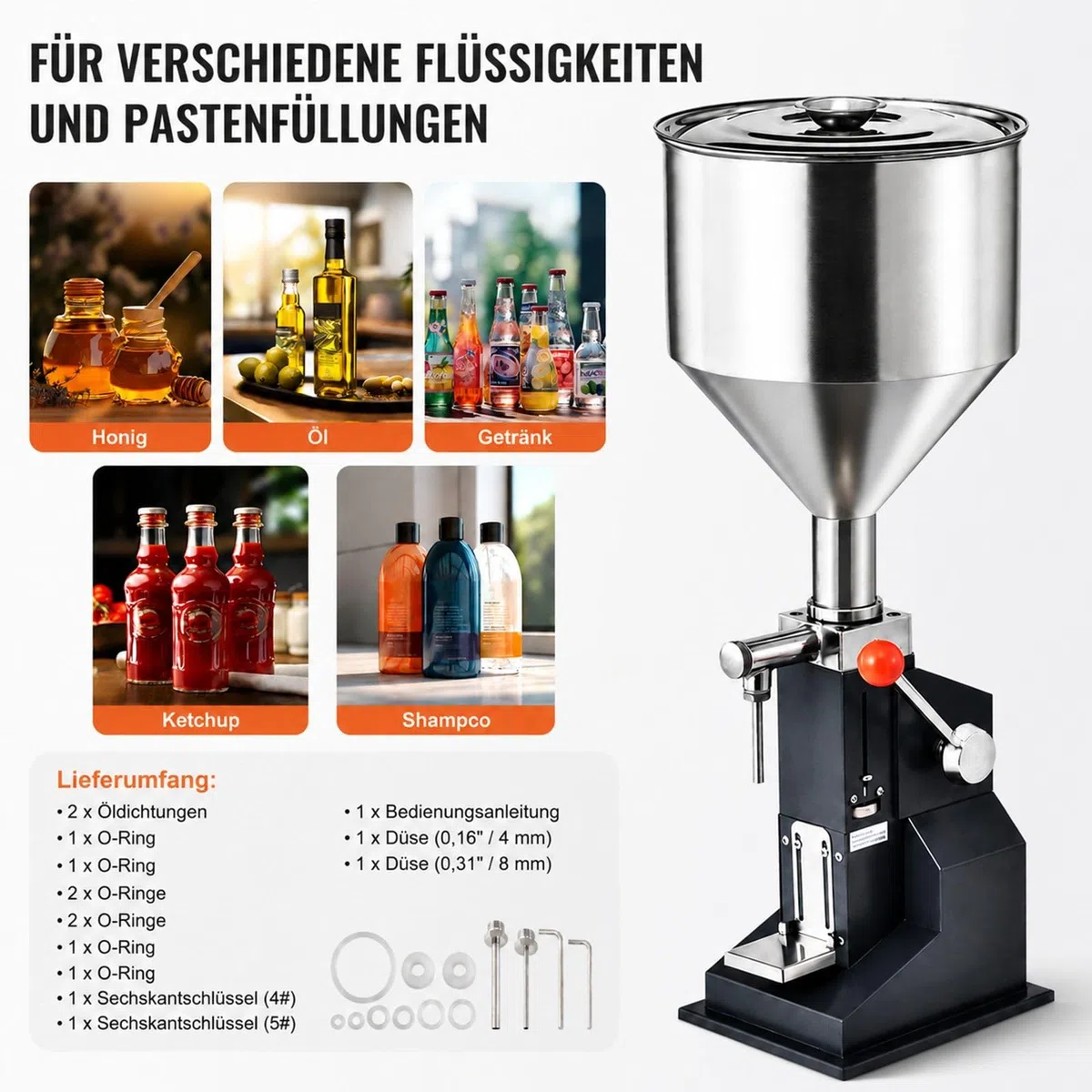 Manuelle Abfüllmaschine für Flüssigkeiten und Pasten, verstellbarer Flaschenfüller mit Trichter, Edelstahl, für Milch, Wasser, Saft, ätherisches Öl, Shampoo, Honig, Kosmetikcreme