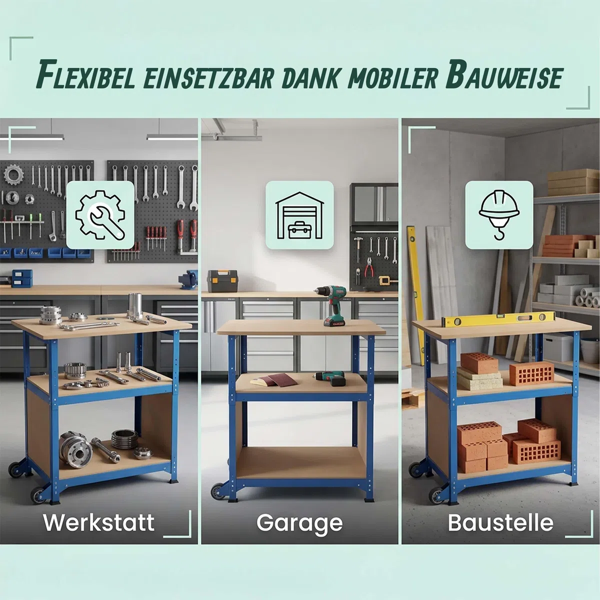 Relaxdays Werkbank, mit Rollen, HBT: 69,5x72,5x50 cm, höhenverstellbar, Werktisch mit Lochwand, Stahl & MDF, blau