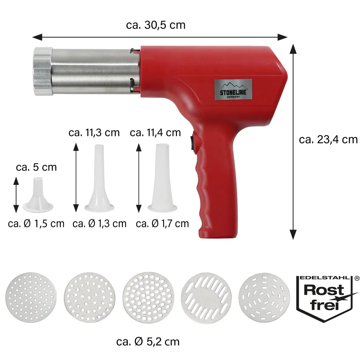 STONELINE Elektrische Nudelmaschine Pasta Maker USB C Aufladbar Akku 3000mAh, 40 W, Kabellose Hand Nudelmaschine mit 8 Aufsätzen für Nudeln Spaghetti Gnocchi Spritzgebäck Churros Presse Edelstahl, Rot
