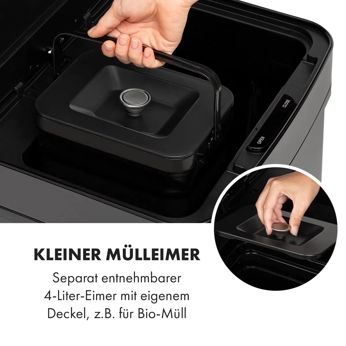 Klarstein Royal Trash Sensor-Mülleimer, 72 L Volumen in 4 Behältern, Restmüll & Recycling-Abfälle: 43 & 2 x 12,5 L, Bio-Eimer mit Deckel: 4 L, automatisches Öffnen und Schließen, Glänzend schwarz