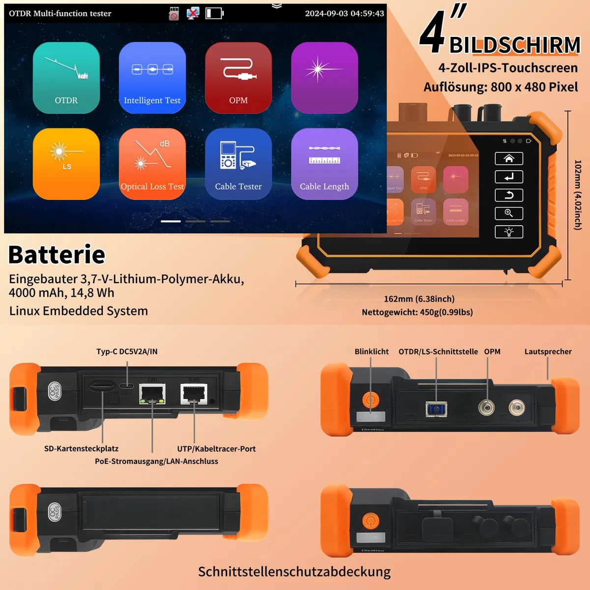 Henkion OTDR Fiber Optic Tester 1550nm 26/24dB, Glasfasertester unterstützt OPM, LS, OLS, VFL, Ereigniskarte, UTP/RJ45 TDR kabeltest/Längenkabeltester, Netzwerktester, 8 Faseradapter, FTP/Bericht