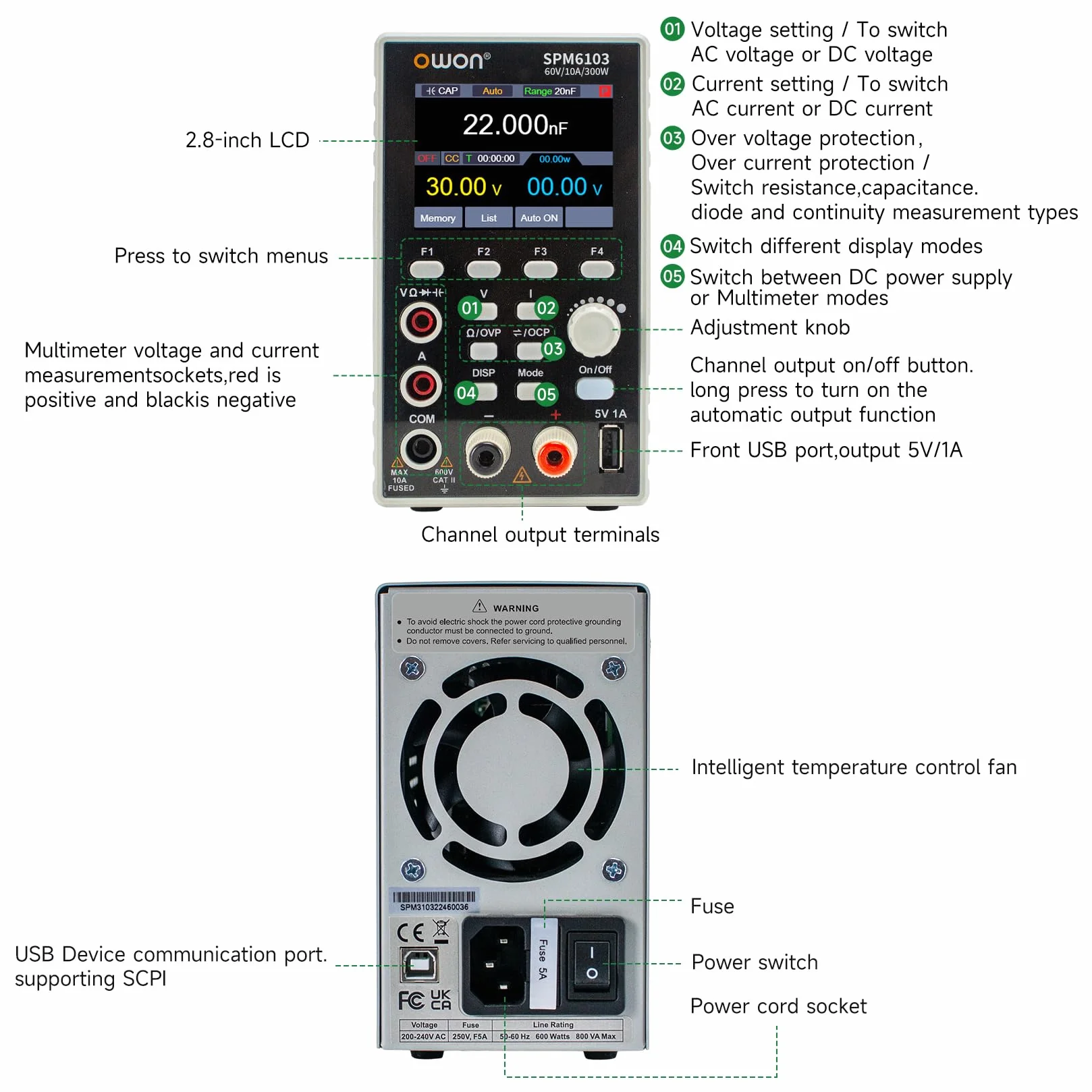 OWON Labornetzteil (0-60V,0-10A), SPM6103 2-in-1 DC Netzteil und Multimeter, Programmierbares DC Labornetzteil mit 300W Ausgangsleistung 2.8-Zoll LCD Display, 4 1/2 Digital Multimeter