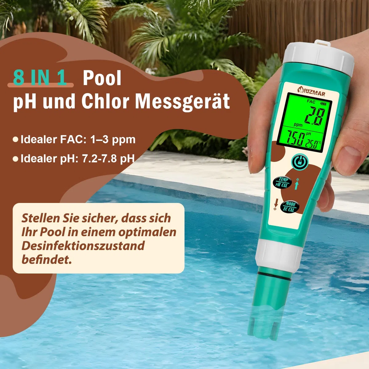 UIUZMAR Pool pH Chlor Salzgehalt Messgerät, Wasserstoff PPM ORP Messgerät | 8-in-1 Trinkwasser Wassertester mit gleichzeitiger Anzeige von pH Salz Chlor H2 ORP EC TDS Temp für Hydrokultur, Spas