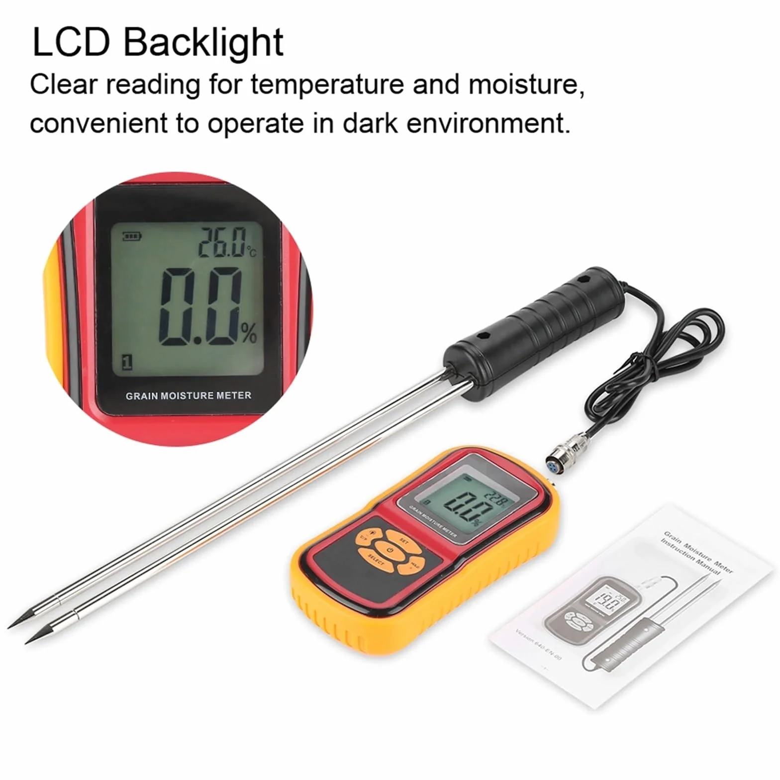 Feuchtigkeitsmessgerät, Tragbares digitales LCD-Feuchtigkeits- und Temperaturmessgerät for Getreide, Weizen, Reis, Mais Bohnen, LCD-Feuchtigkeitsmessgerät, Feuchtigkeitsmessgerät