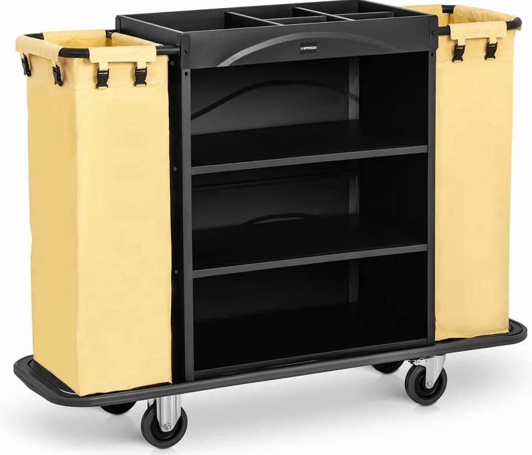UNICLEAN 142B Servicewagen Hotel Belastbarkeit 150 kg 2 Wäschebeutel Räder TPR Hotelwagen Zimmerservicewagen