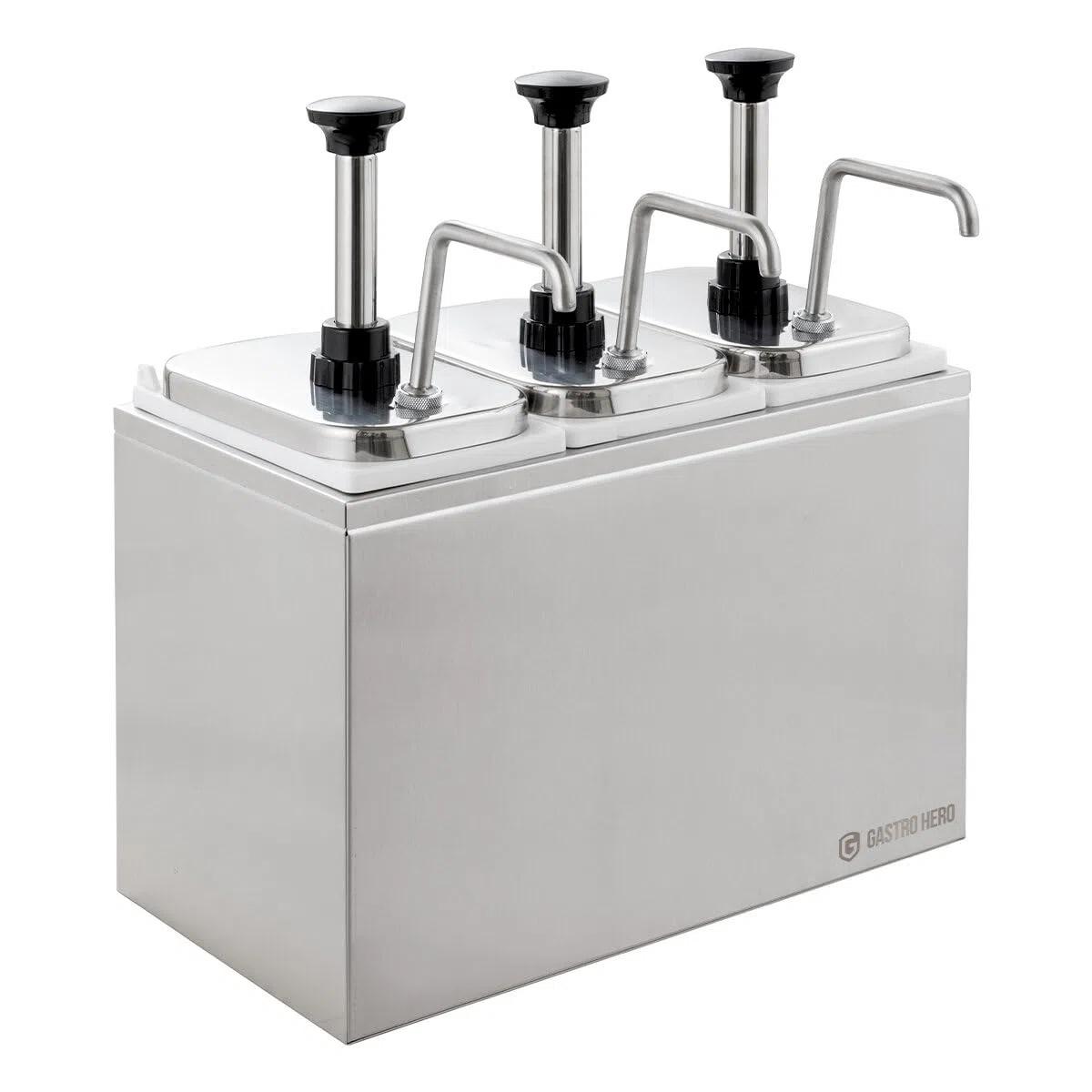 GastroHero Saucenspender 3x 3 Liter – Edelstahl Dosierpumpen & PP-Behälter für Ketchup, Mayonnaise, Dressings & Saucen – robust & hygienisch für Gastronomie, Imbiss & Catering