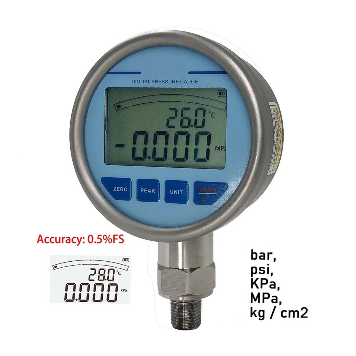 Druckregler, Digitales hydraulisches Manometer mit Temperaturmembran 316L LCD-Edelstahl-Gas-Flüssigkeitskraftstoff-Manometer(G1-4,-25KPa-25KPa)