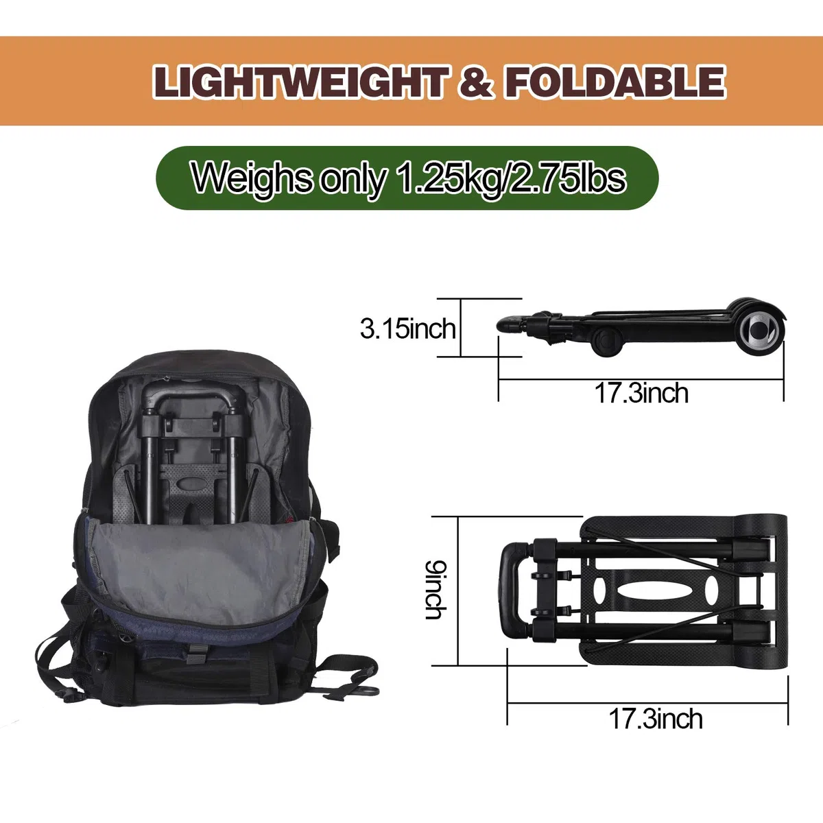 KINJOEK 25 kg faltbare Sackkarre, solide Konstruktion, Allzweckwagen für Gepäck mit 2 übergroßen Rädern, Bonus-Bungee-Seil, zusammenklappbar, leicht und kompakt, Gepäckwagen für Reisen, Schwarz