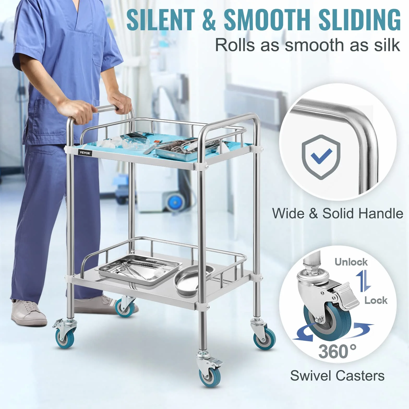 VEVOR Medizinischer Laborwagen, 56,9 x 38,4 x 87,1 cm, Edelstahl, 2 Schichten für Krankenhäuser, Metallwagen mit 4 Rädern, Omnidirektional für Kliniken, Cafés, Hotels