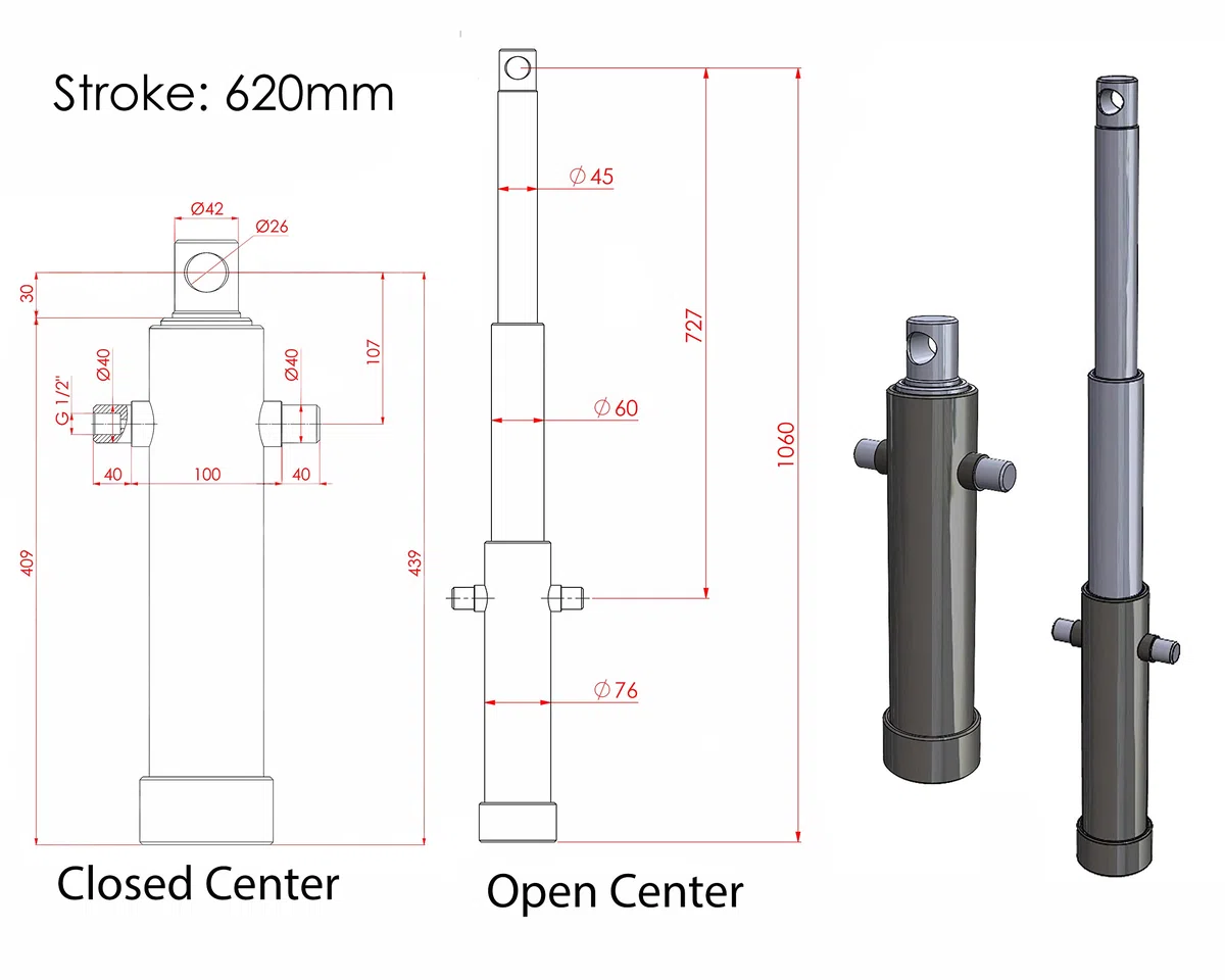 Teleskopzylinder Einfachwirkend 820 mm Hub 5,8 t
