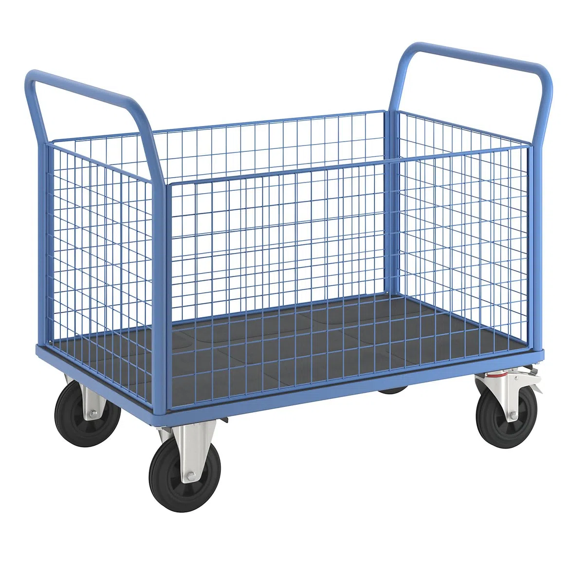 eurokraft pro | Plattformwagen | 4 hohe Gitterwände, LxB 1250 x 800 mm, Vollgummireifen