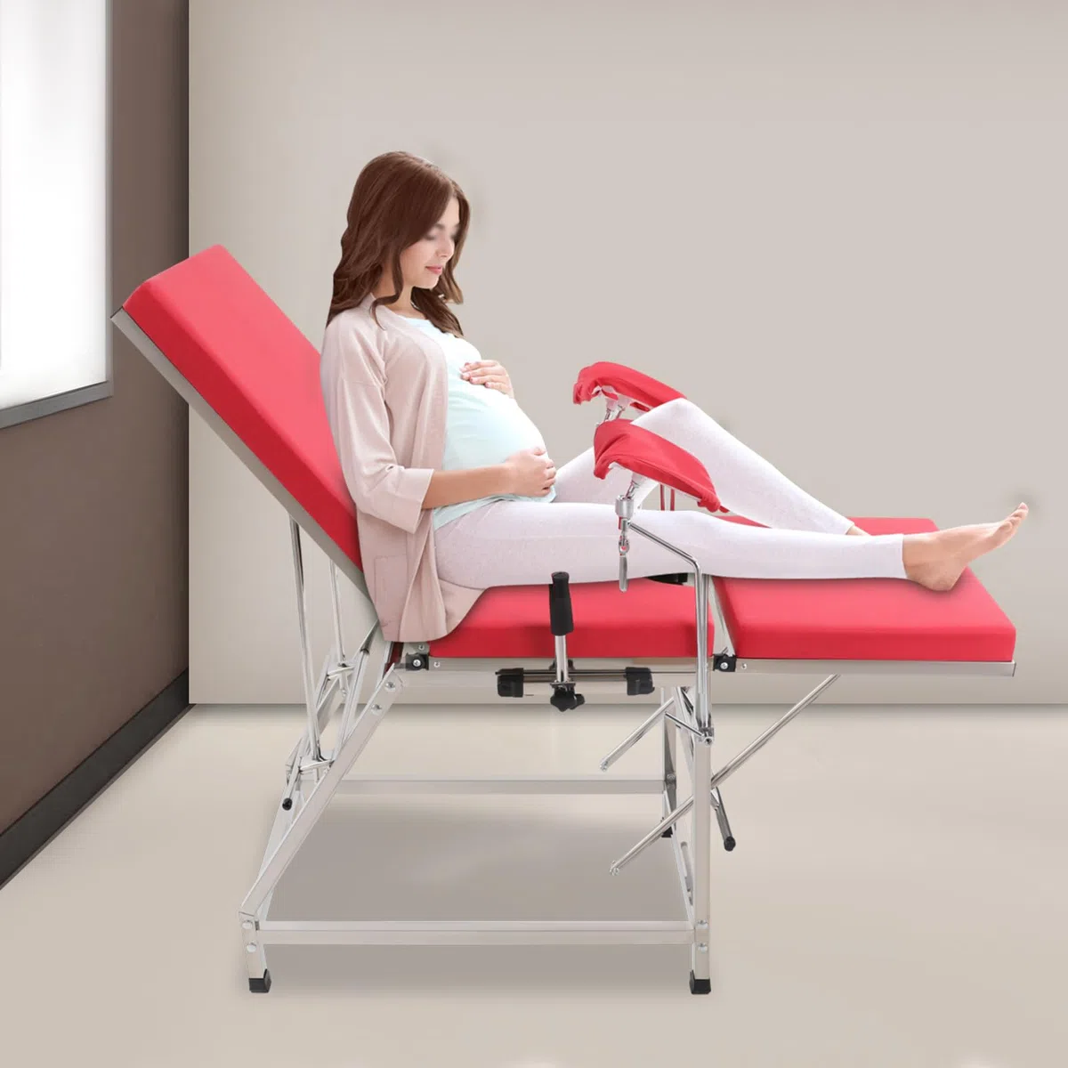 Gynäkologenstuhl, Zusammenklappbarer Gynstuhl mit 201 Edelstahl, höhenverstellbar, klappbarer Untersuchungsstuhl für Klinik & Frauenarzt, 200 kg Belastbarkeit (Rot)