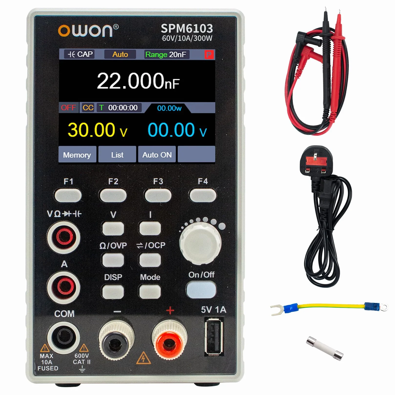 OWON Labornetzteil (0-60V,0-10A), SPM6103 2-in-1 DC Netzteil und Multimeter, Programmierbares DC Labornetzteil mit 300W Ausgangsleistung 2.8-Zoll LCD Display, 4 1/2 Digital Multimeter