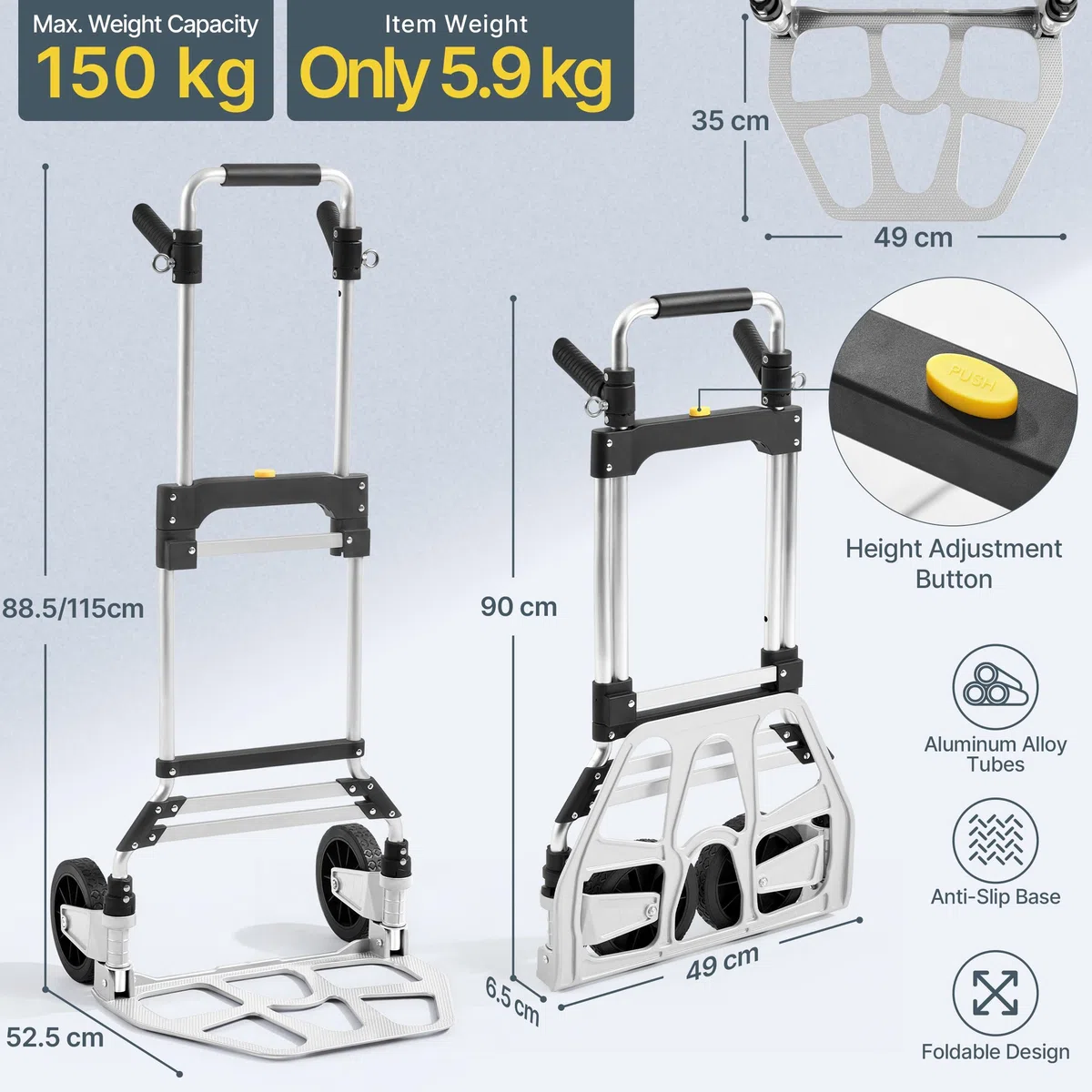 Yaheetach Klappbare Sackkarre,150 kg Belastbar mit Langer Aluminium Teleskopgriff 88.5-115 cm, Spanngummi & Handschuhen,für Einkauf/Umzug/Garten