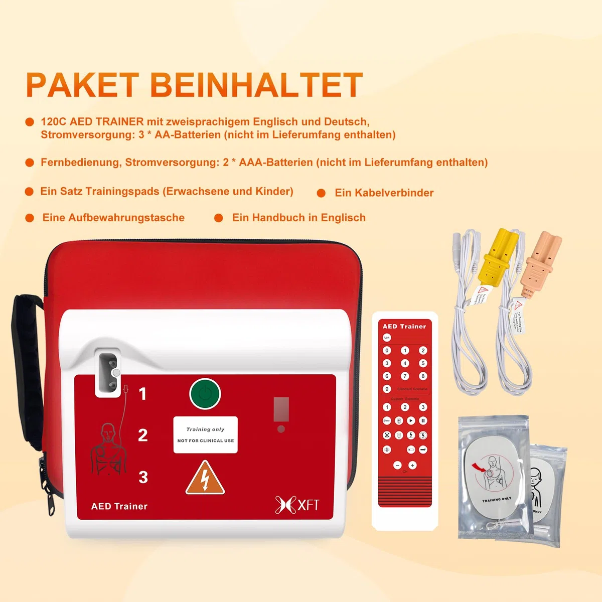 AED Trainer Deutsch, AED Trainingsgerät 10 Verschiedene Szenarien Deutsch&Englisch Sprachansagen mit Fernbedienung AED-Trainer mit CPR Lehrgerät für Erste-Hilfe-Schulungen XFT-120C