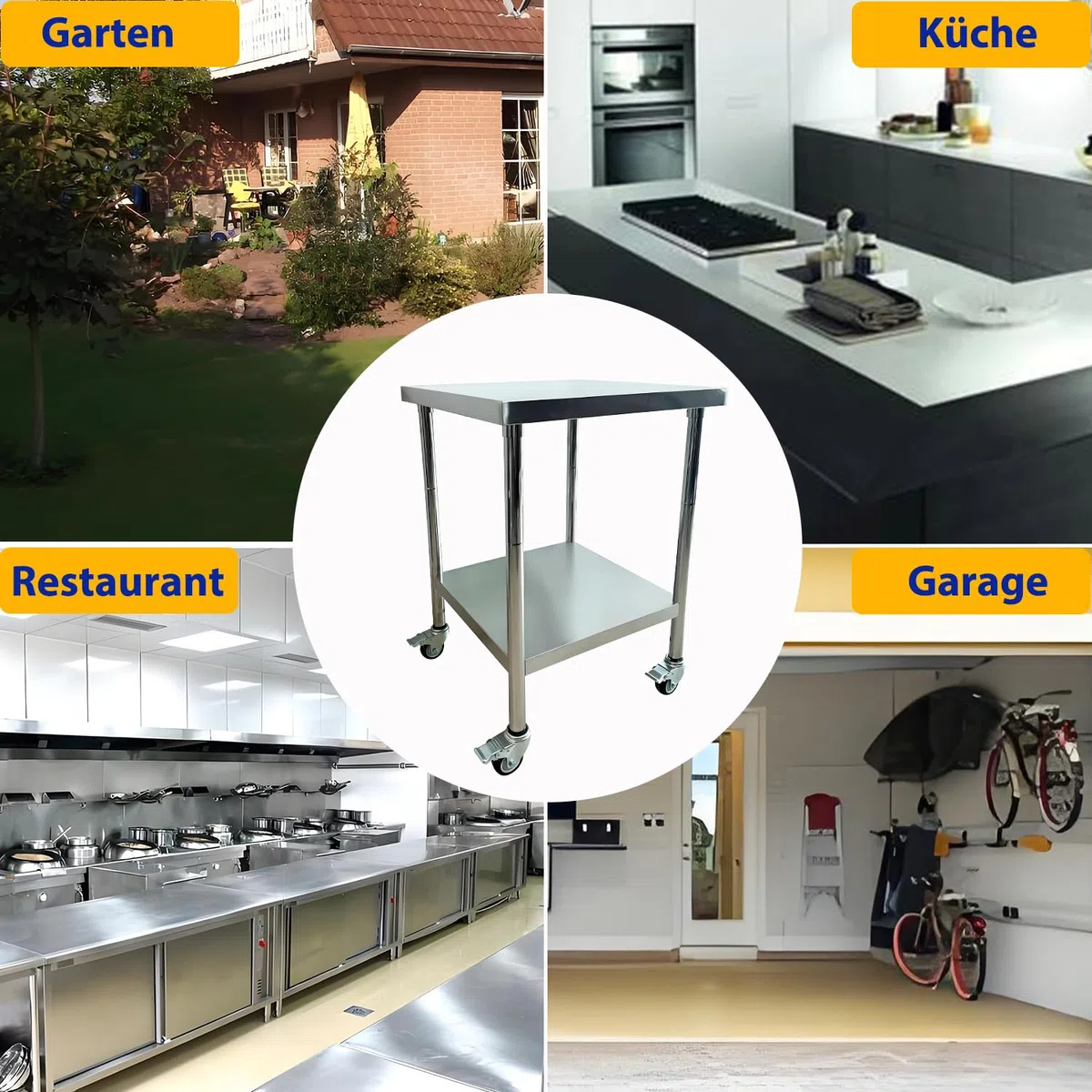 Edelstahl Küche Arbeitstisch 61x60cm - 4 Stück Lenkrollen mit Bremsen - Gastronomie Tisch bis 300kg belastbar - Profi Gastro Edelstahltisch Küchentisch für Restaurant Küche Bar Hotel Garage