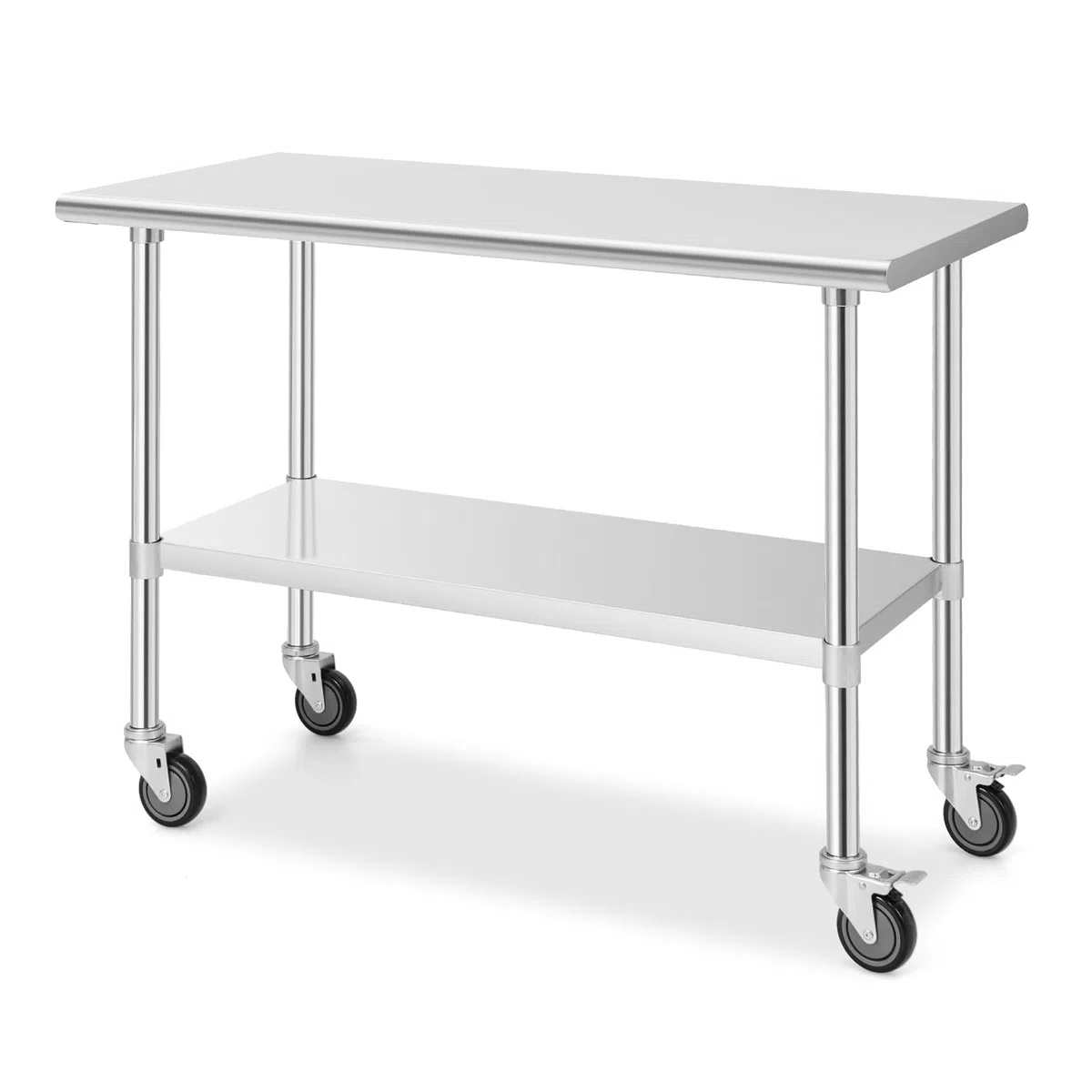 GIANTEX Edelstahl-Tisch mit universellen Rollen, Arbeitswagen mit großem Schreibtisch und verstellbarem Bodenregal, mobiler Metall-Bräunungstisch für Küche, Restaurant, Werkstatt, NF88931ES
