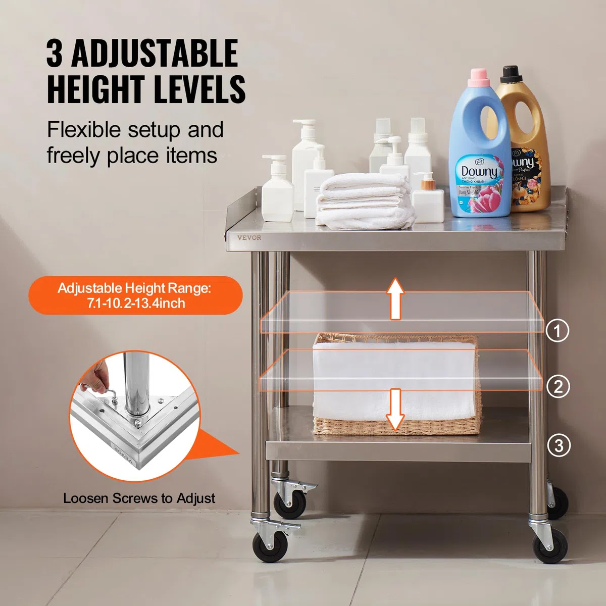 VEVOR Edelstahl-Arbeitstisch, Gewerblicher Arbeitstisch zur Lebensmittelzubereitung mit 4 Rädern, Lenkrollen, 3-seitiger Spritzschutz, Ideal für Restaurants, Hotels, 61 x 71 x 76cm