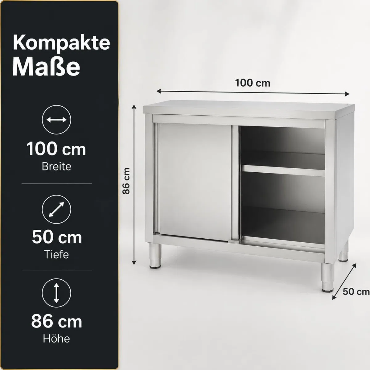 Outdoor Küche Edelstahl, 100x50x86cm Edelstahl Schrank mit Schiebetüren und Arbeitsplatte, 5-20 cm Verstellbare Höhenlagerung Bodenstehend Arbeitsschrank Küchenarbeitstisch für Küche, Garage, Kantinen