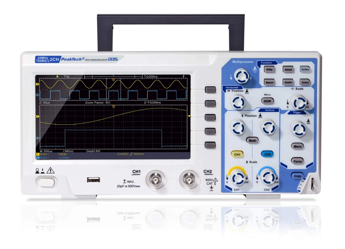 PeakTech P 1335 20 MHz 2-Kanal Digital-Speicher-Oszilloskop mit USB-Schnittstelle, 15 W, 240 V