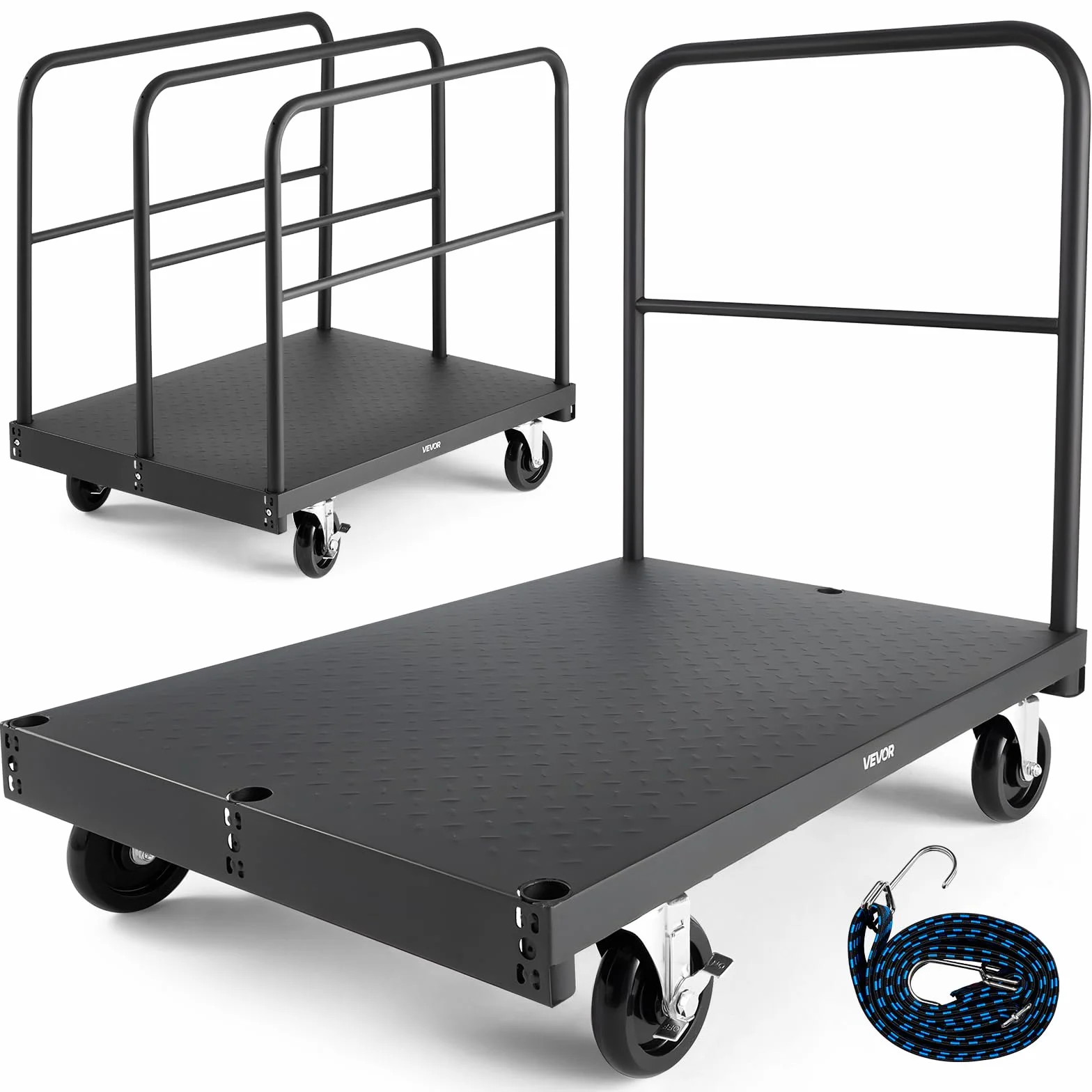 VEVOR Plattenwagen, 816 kg, 2-in-1 Transportwagen mit 360° Lenkrollen, Plattenroller, Plattenkarre mit 4 seitlichen Handläufen, Transporthilfe für Fabrik, Lager, Garage, Schwarz 914x610x858 mm