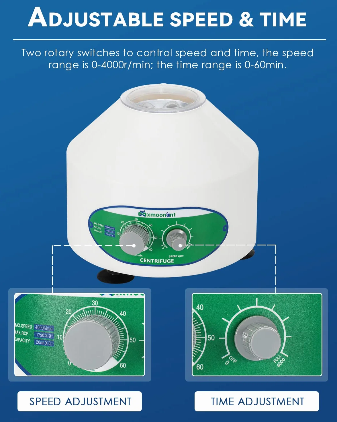 Mxmoonant Laborzentrifuge, 4000rpm, 6x20ml, 1790xg, 60min Timer, 4kg, φ245x215, geeignet für 20ml/15ml/10ml/5ml Teströhrchen, für Trennung von Proben, Qualitative Analyse (EU Stecker)