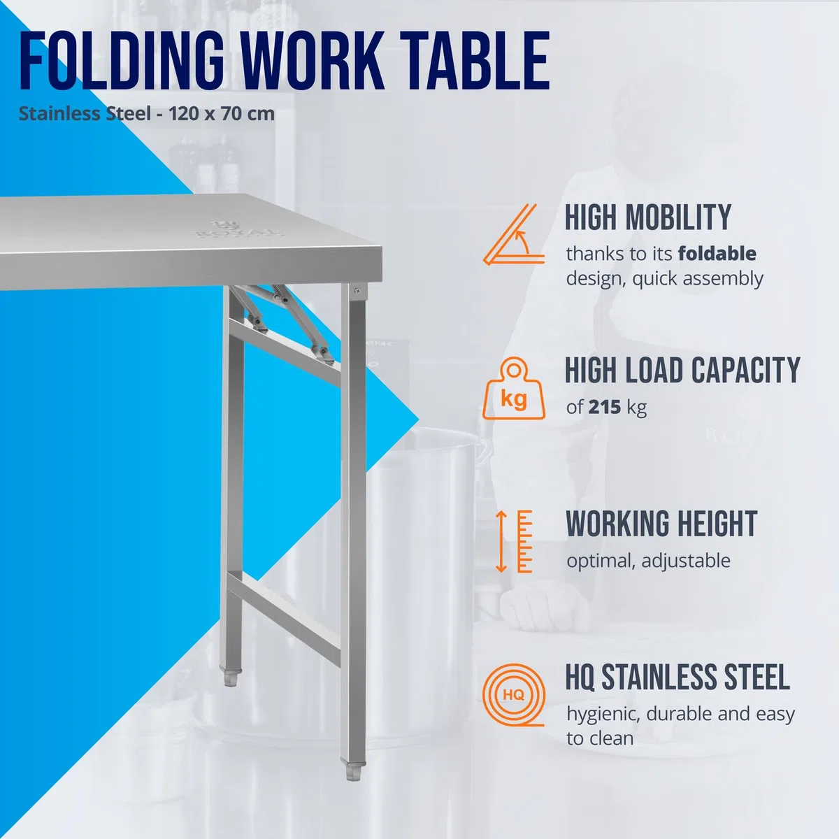 Royal Catering Arbeitstisch klappbar 70 x 120 cm Tragkraft 215 kg intelligentes Federfalzsystem höhenverstellbare Füße Edelstahl-Tisch Küchentisch Arbeitstisch Edelstahl Grilltisch