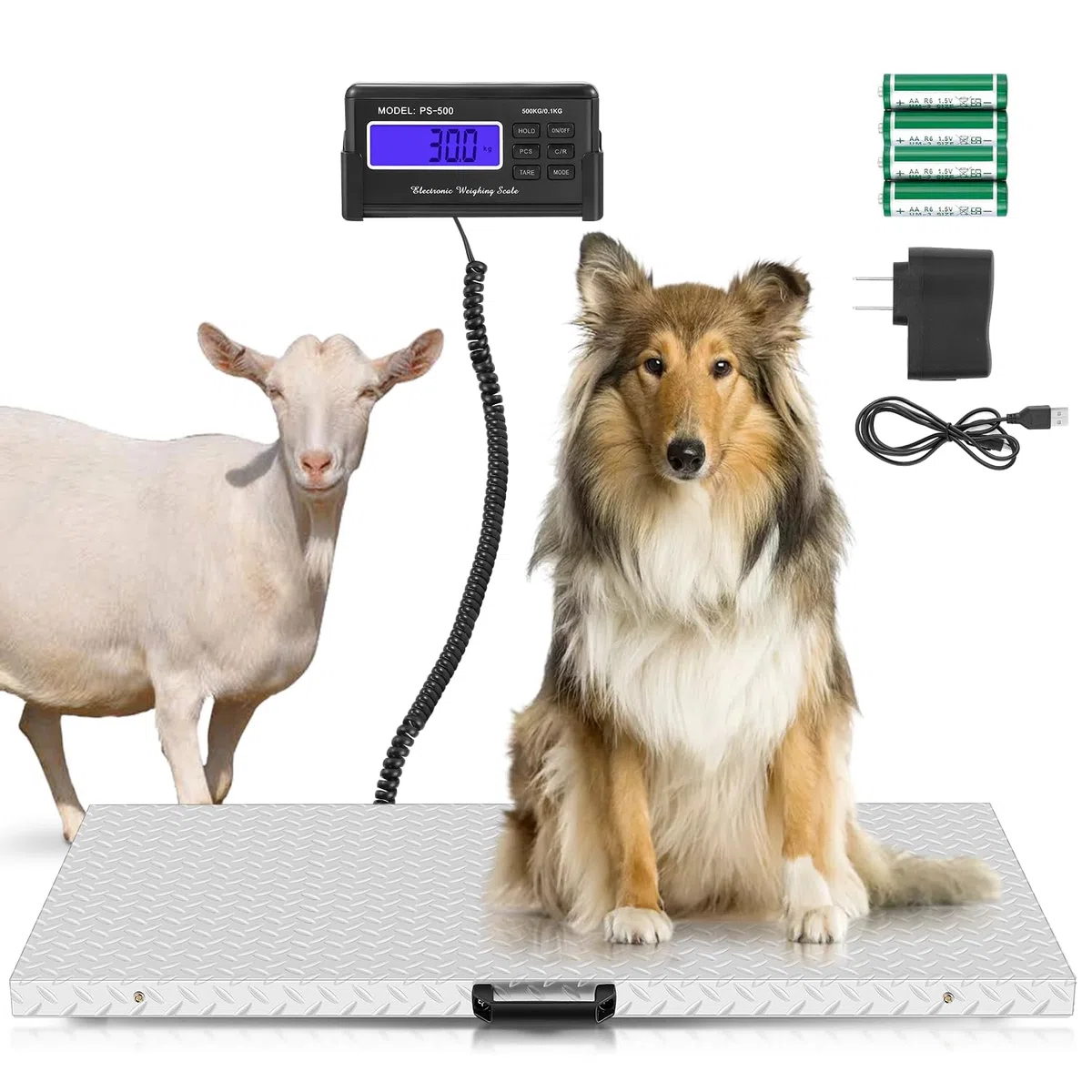Bonvoisin 500kg/0.1kg Haustier-& Nutztierwaage, Tara-/Halte-/Zählfunktionen | Große rutschfeste Plattform 103x53cm, Fern-LCD-Display, Dual-Power & integrierte Aufbewahrung für Tierärzte und Landwirte