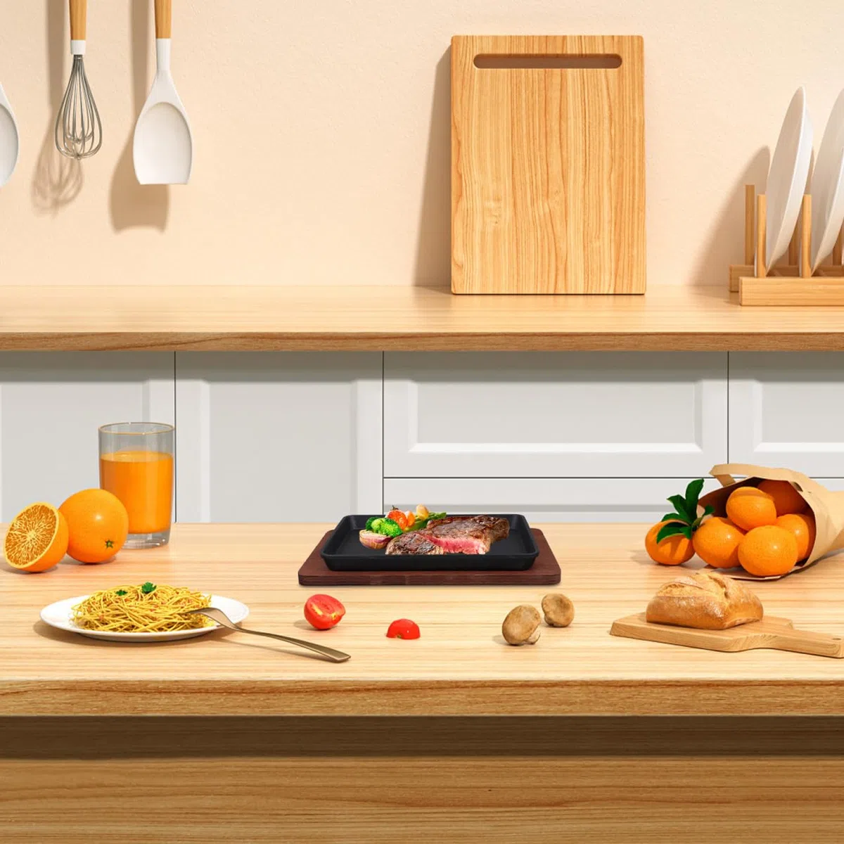 ULTECHNOVO Gusseisenpfanne Induktion Quadratische Steakplatte | Inklusive Holzsockel, 23.2x17.3cm, Schmiedeeiserne Pfanne Alternative, Ideal für Steak, Grillen, Zuhause & Restaurant
