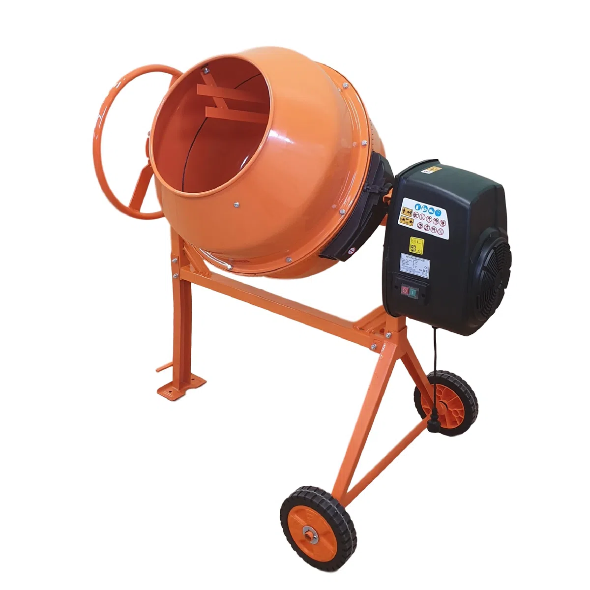 Betonmischer BAU160, 160L Trommel, 850W Motor, Orange, Stahlrahmen mit Metall-Zahnkranz, Kunststoffräder, Kipp-Handrad