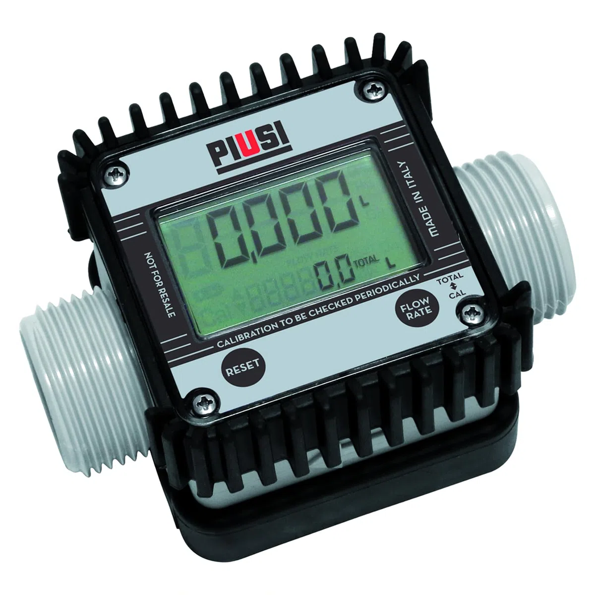 Piusi Digitales Turbinen-Durchflussmessgerät für Adblue/Wasser mit Anzeige für Durchflussraten bis zu 120 l/min, Druck 10 bar, Anschluss M/F 1” BSP und 4-Richtungen drehbares Display | K24 F0040710A