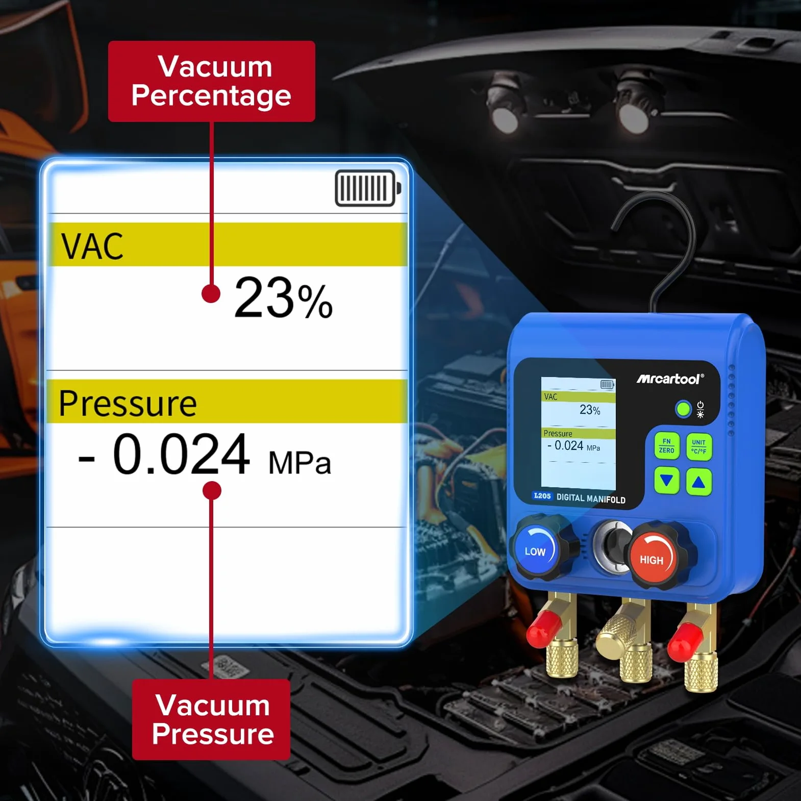 L205 Digitales Kältemittelmessgerät Vakuumpumpe Klimaanlage 92 Kältemittel Daten Manifold Gauge Set Druck-Temperatur-Lecktester für HVAC Kältetechnik R134A R32 R410