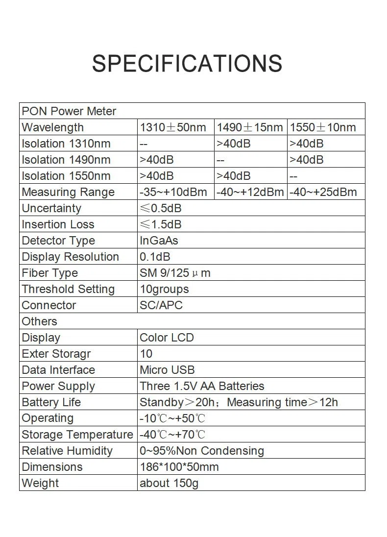 TM581 PON Power Meter SC/APC Glasfaser-Tester ONT/OLT 1310nm/1490nm/1550nm für Anwendung und Betrieb und Wartung von Glasfasernetzwerken