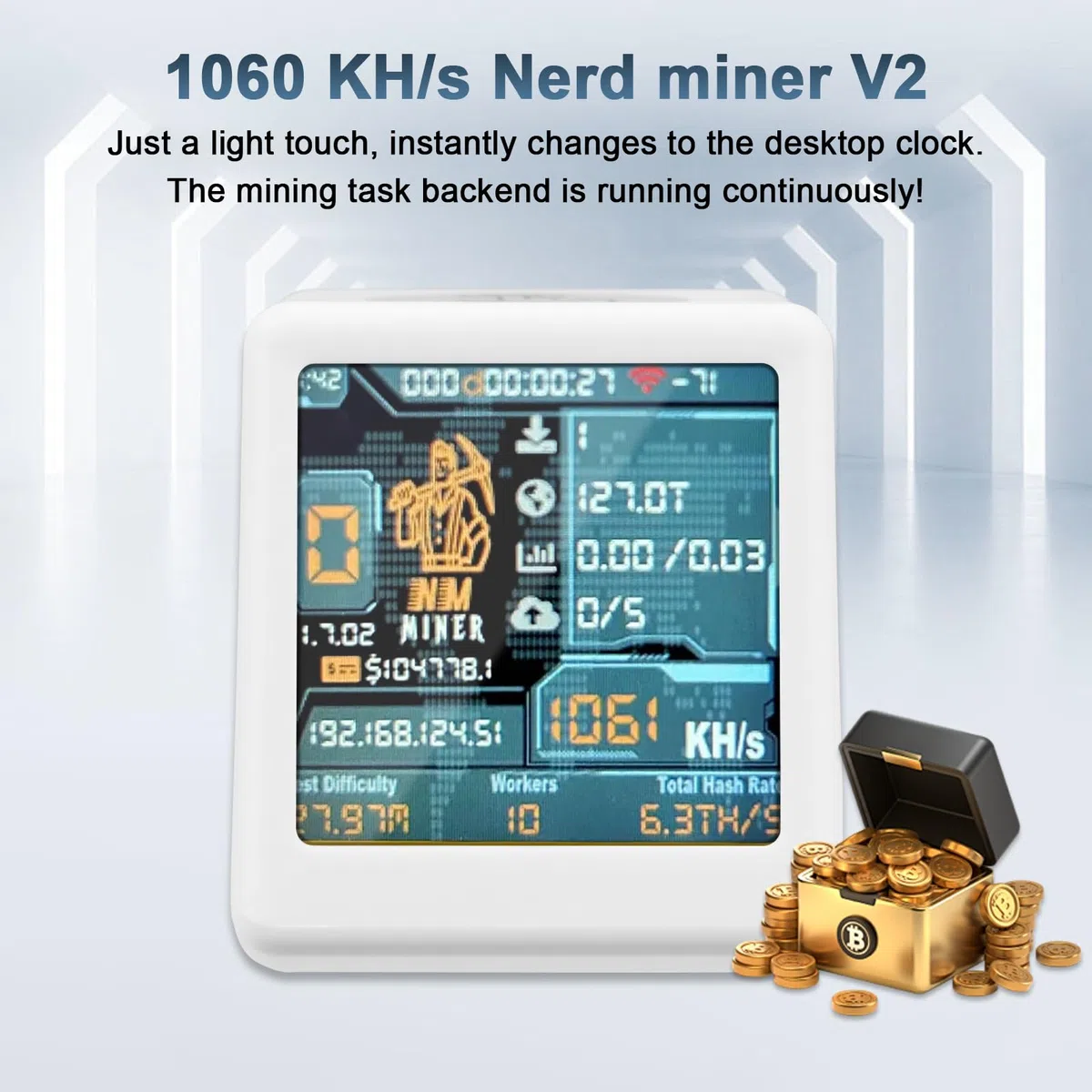 Binghe V2 Bitcoin Miner,1060 KH/s Miner V2 Intelligentes Display mit ESP32 und Tischuhr Bitcoin Miner BTC Solo Lottery Miner Bitcoin Crypto Lottery Miner Kompatibel mit Miner v2(Weiß)