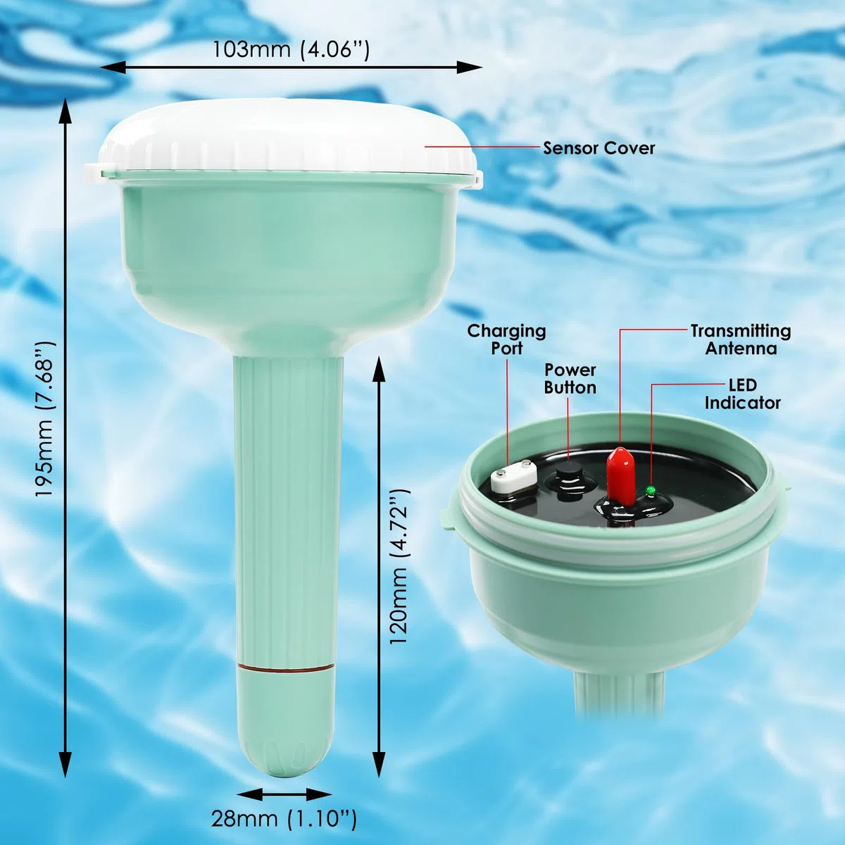 Intelligenter 8-in-1 Wasserqualitätstester mit WLAN, überwacht pH, ORP, Chlor, Salzgehalt, TDS, EC, spezifisches Gewicht und Temperatur per Tuya-App für Pools, Spas, Whirlpools und Aquarien.