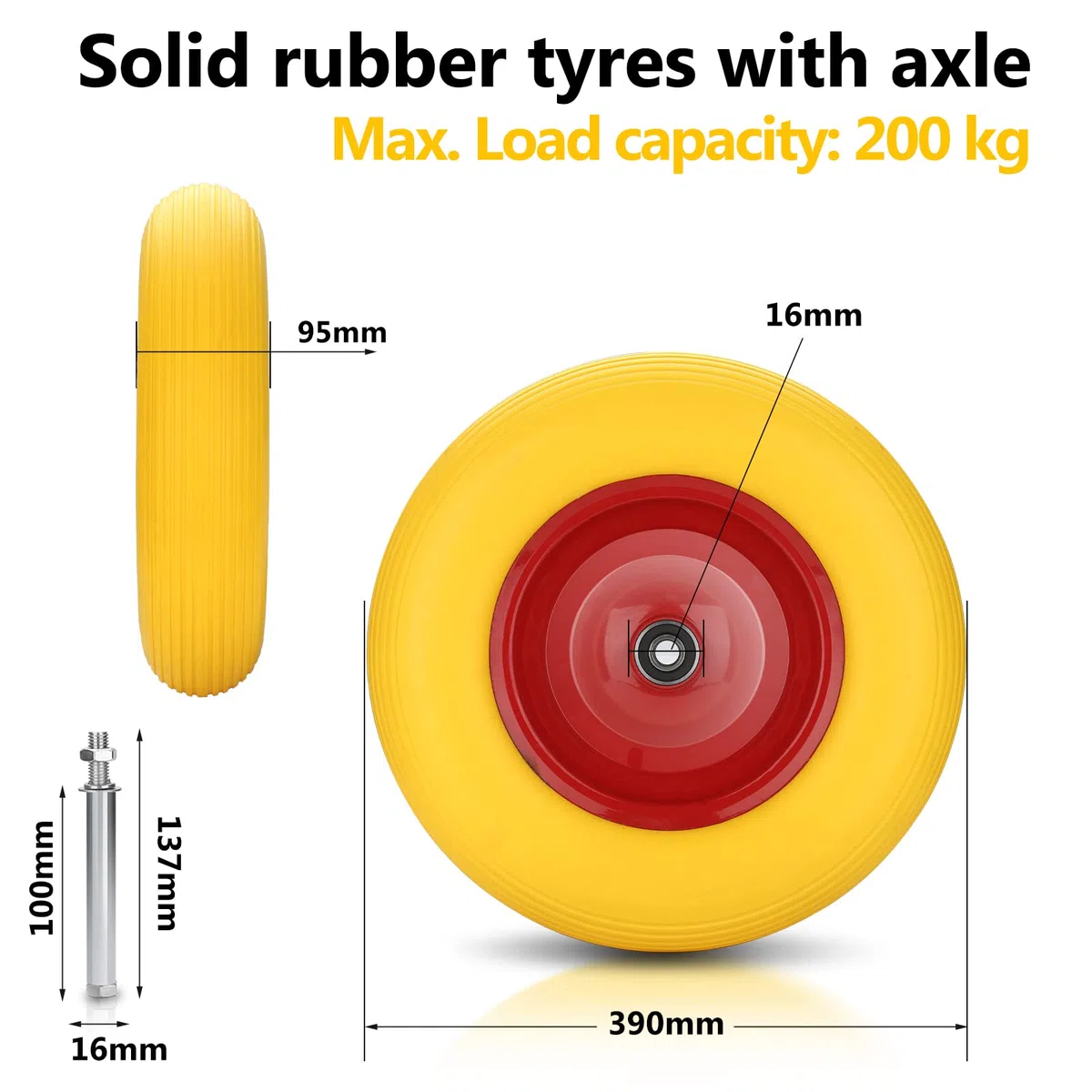 2x Schubkarrenrad Vollgummi mit Achse 4.80 4.00-8 Ø 390mm Gummirad, pannensicher, Stahlfelge PU Reifen gelb, für Gartenkarren