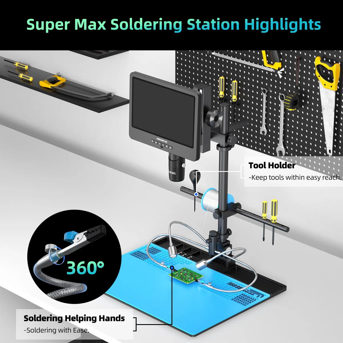 Andonstar AD249S-Max Digitales Mikroskop mit 3 Linsen, mit Max-Ständer
