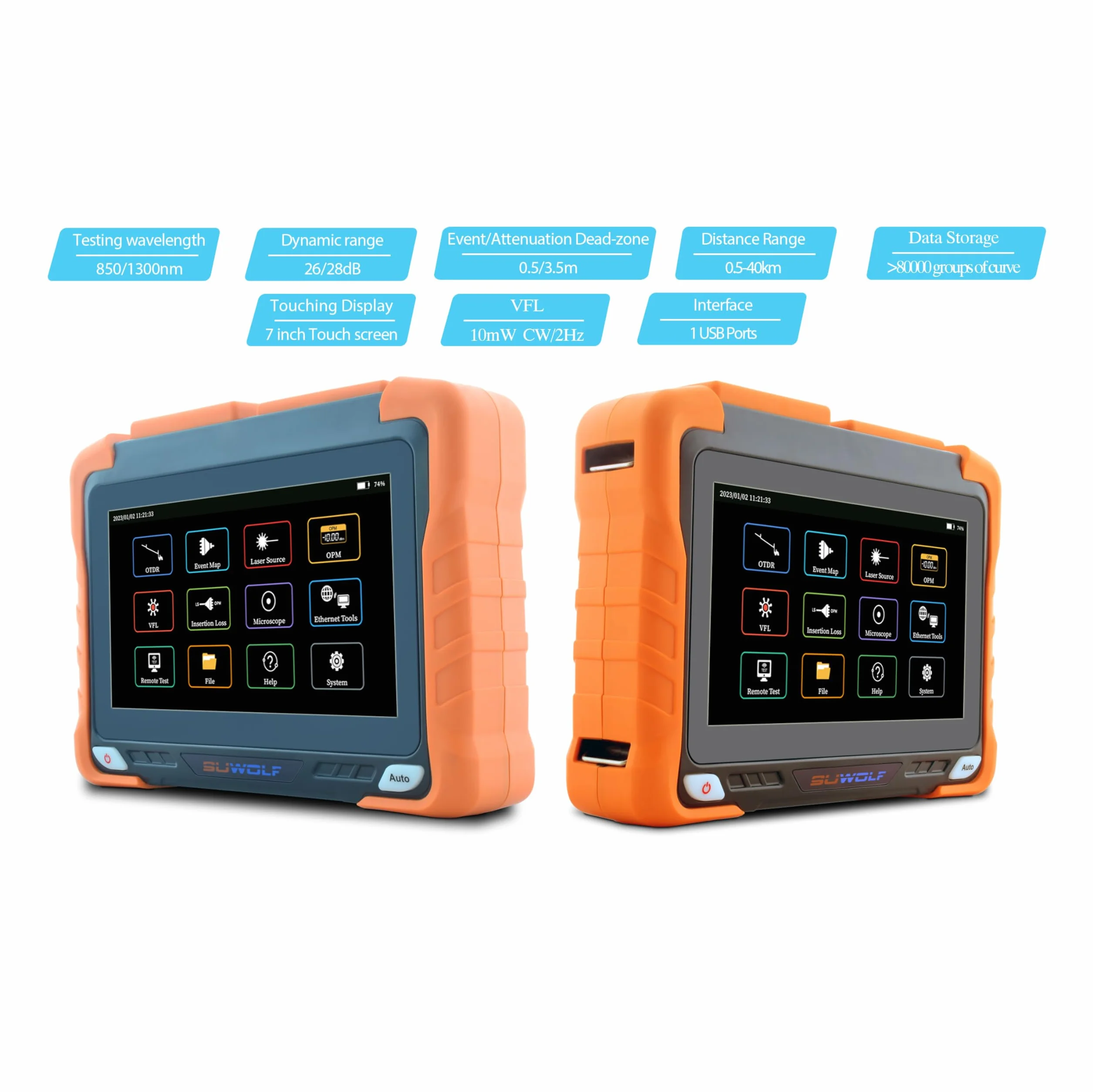 850/1300nm 26/28dB 4in1 MM OTDR +VFL+OPM+OLS 7” Touchscreen 60Km Glasfaser Tester/LWL Tester/Optische Zeitbereichs-Reflektometer mit SC/ST/FC/LC UPC&APC (OTDR62F-M1)
