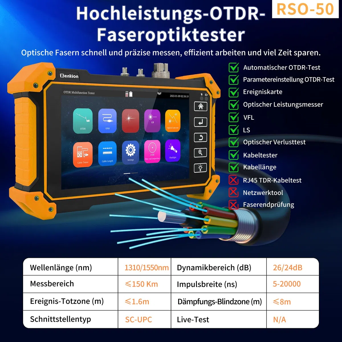 Henkion OTDR-Fasertester RSO-50 1310/1550 nm 26/24 dB, 5,5 Zoll IPS Touchscreen, OTDR Fiber Optic Tester mit integriertem OPM, LS, OLS, Ereigniskarte, Kabeltester mit 8 verschiedenen Glasfaseradaptern